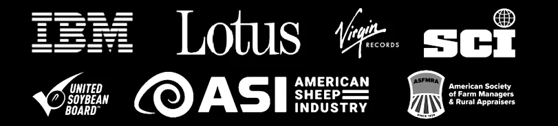 Past clients: IBM, Lotus, Virgin Records, SCI, United Soybean Board, American Sheep Industry, and American Society of Farm Managers & Rural Appraisers